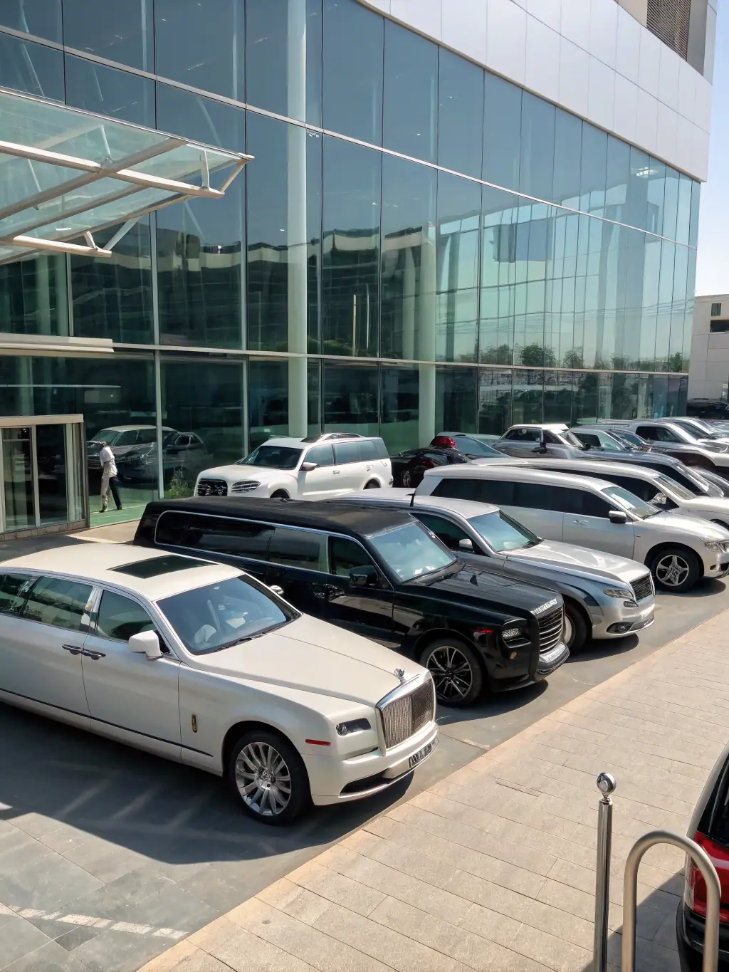 A diverse collection of vehicles, including luxury cars, commercial trucks, and specialized vehicles, parked in a holding area, representing the variety of vehicles MotorSphere handles.