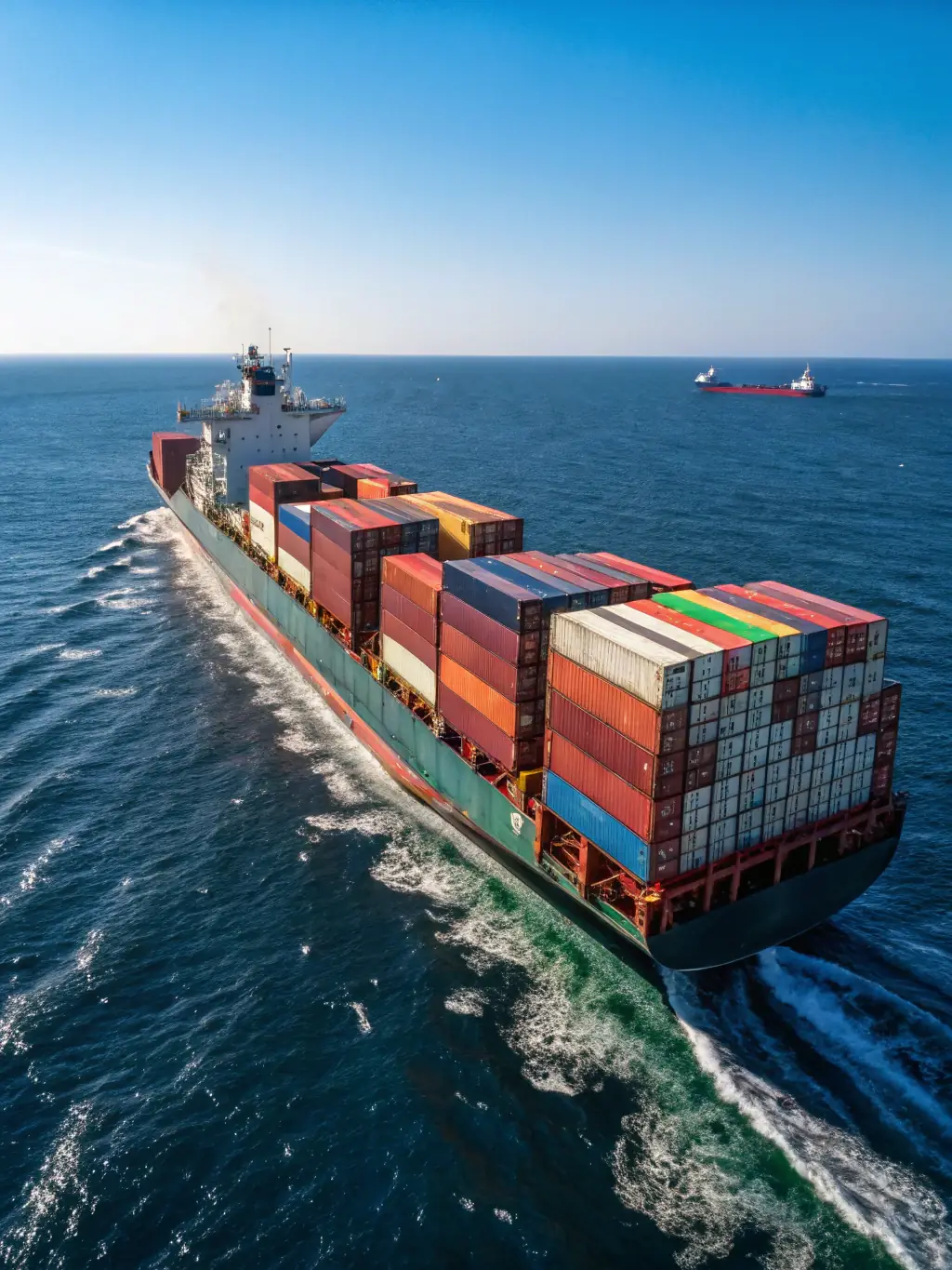 A modern cargo ship transporting a variety of vehicles, including cars and trucks, across the ocean, symbolizing MotorSphere's global reach in vehicle import/export.