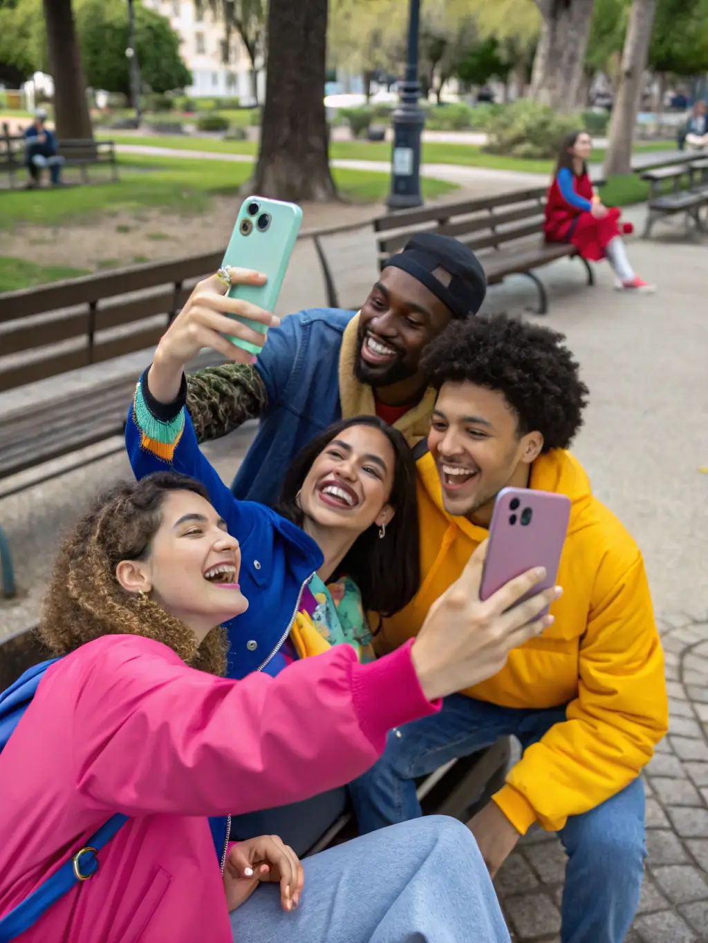 A high-quality image depicting a diverse group of people interacting positively with a car advertisement on a mobile device, showcasing targeted advertising's reach.