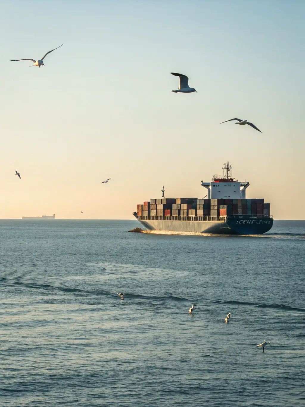 A detailed image of a modern car carrier ship at sea, loaded with various types of vehicles, under a clear blue sky, representing MotorSphere's global reach in vehicle import/export.