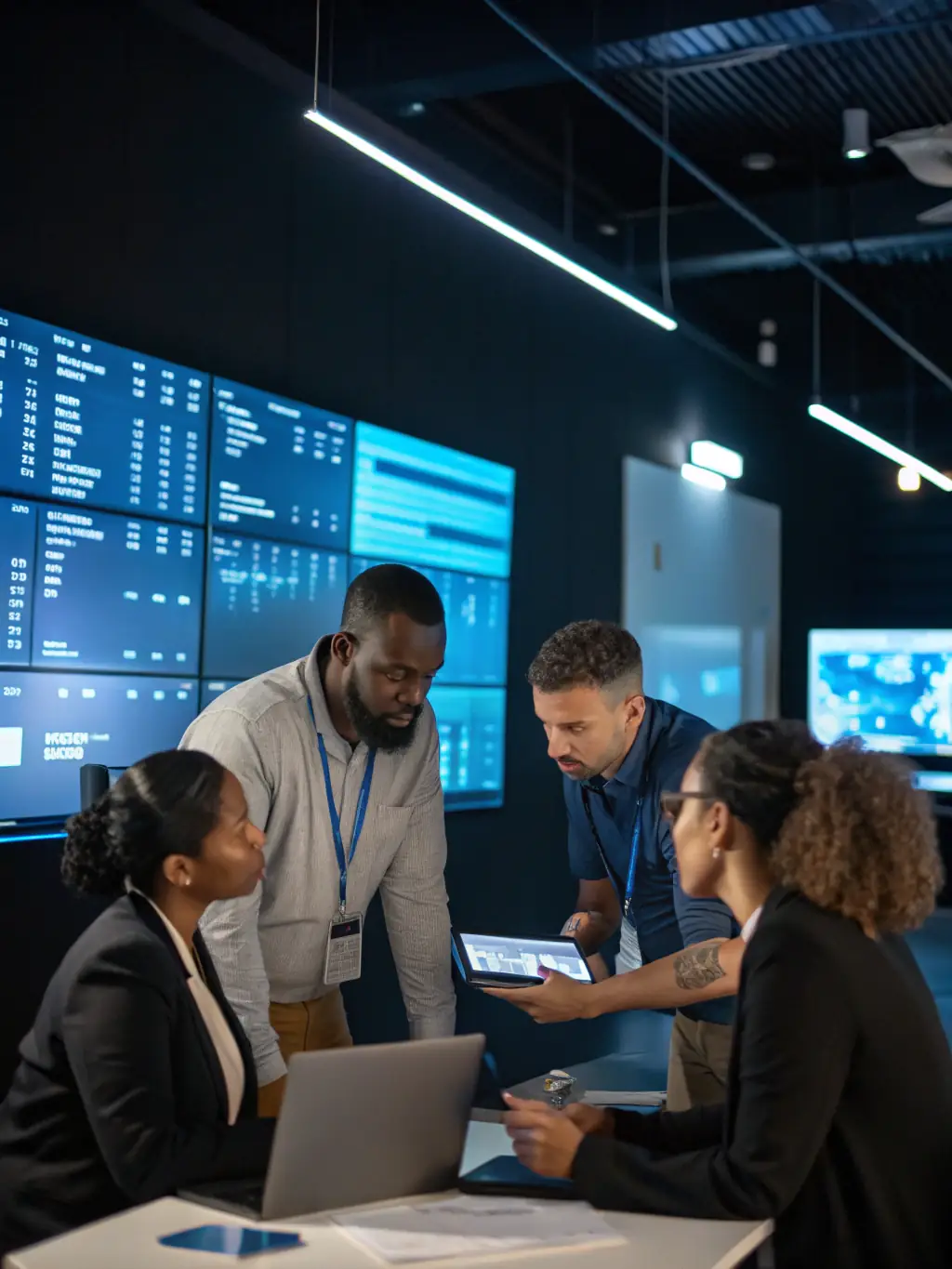 A professional photo of a diverse team of logistics experts coordinating vehicle shipments in a modern office setting, emphasizing MotorSphere's expertise.