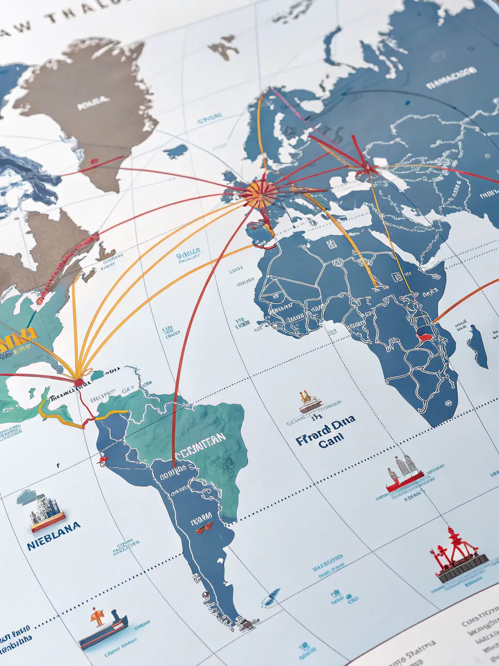 A digital illustration of a world map highlighting key trade routes and destinations, symbolizing MotorSphere's extensive global network.